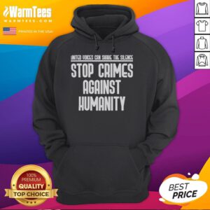 Good United Voices hoodie featuring 'Stop Crimes Against Humanity' slogan, promoting awareness and activism against injustice.