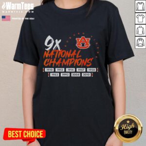Alt Text: Auburn Tigers Football Logo Ladies Tee celebrating nine-time national champions, perfect for fans and casual wear.