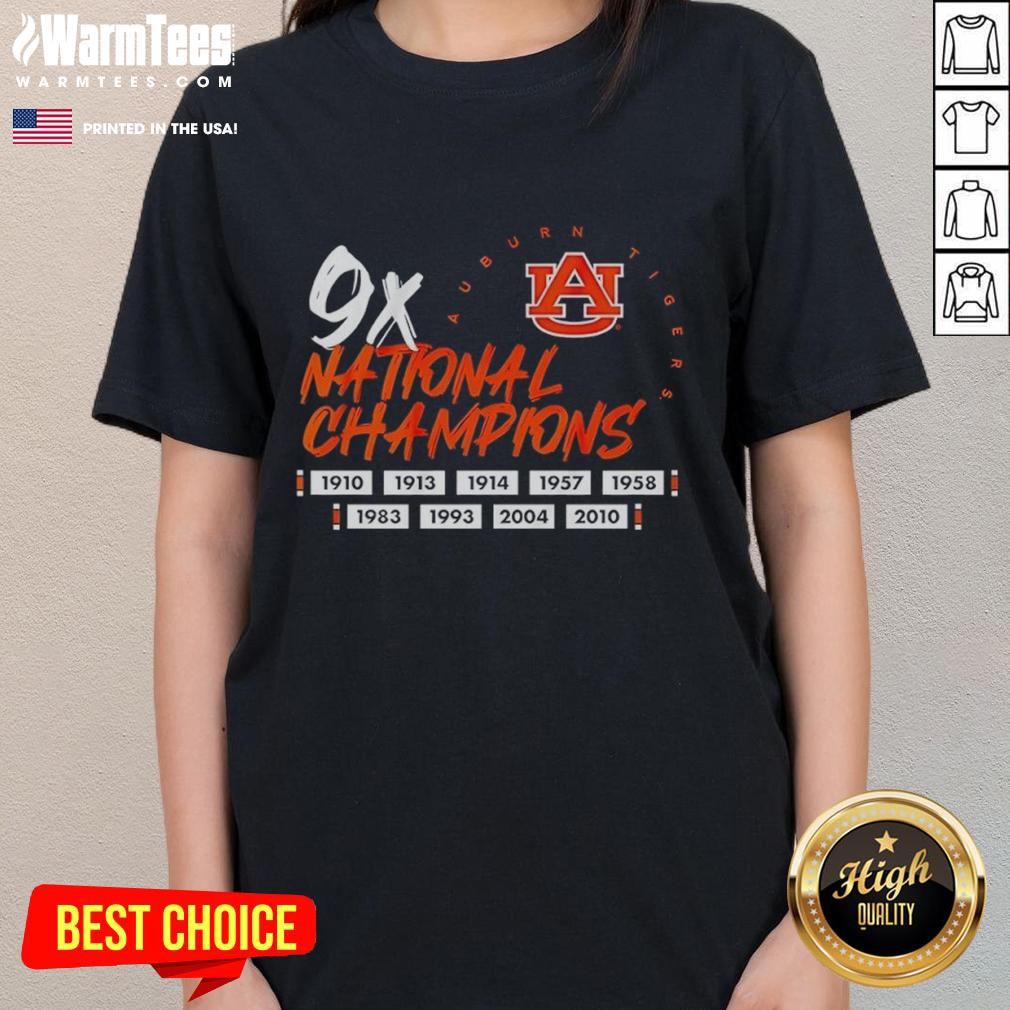 Alt Text: Auburn Tigers Football Logo Ladies Tee celebrating nine-time national champions, perfect for fans and casual wear.