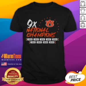 Hot Nine Time National Champions Auburn Tigers Football Logo T-Shirt featuring iconic team logo and championship details.