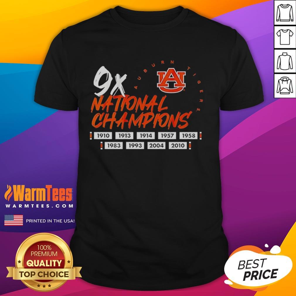 Hot Nine Time National Champions Auburn Tigers Football Logo T-Shirt featuring iconic team logo and championship details.