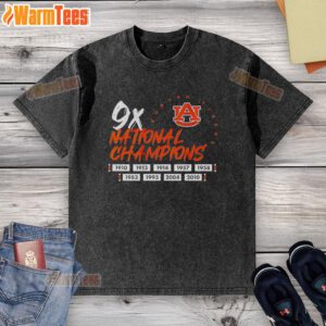 Hot Nine-Time National Champions Auburn Tigers Football logo on a washed T-shirt for fans and alumni.