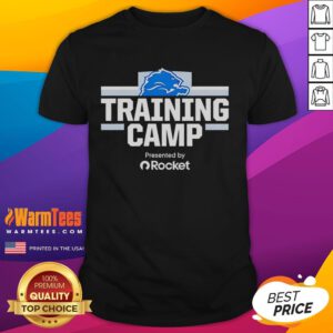 Nice Detroit Lions Training Camp Presented By Rocket T-Shirt featuring team colors and logo, perfect for fans and collectors.