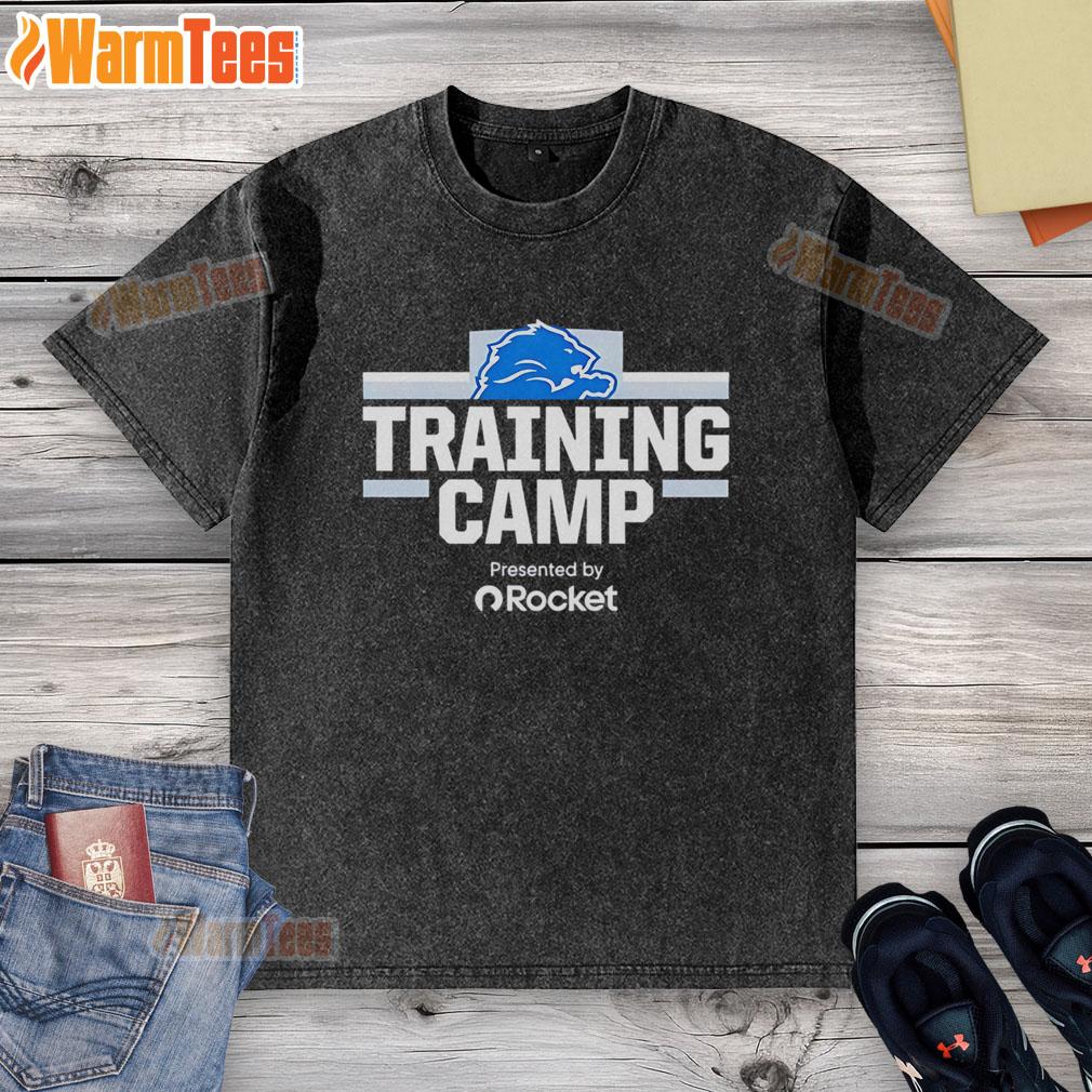 Nice Detroit Lions Training Camp t-shirt presented by Rocket, featuring team colors and logo for fans and players alike.