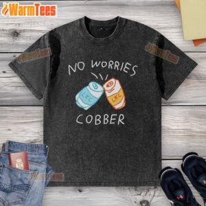 Alt Text: Nice No Worries Cobber LKC Cans washed t-shirt in stylish design, perfect for casual wear and comfort.