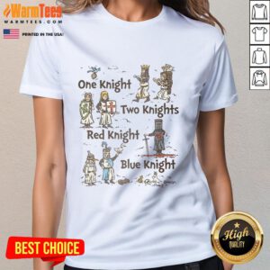 Ladies tee featuring Nice One Knight design with red and blue knights, perfect for fans of whimsical knight themes.