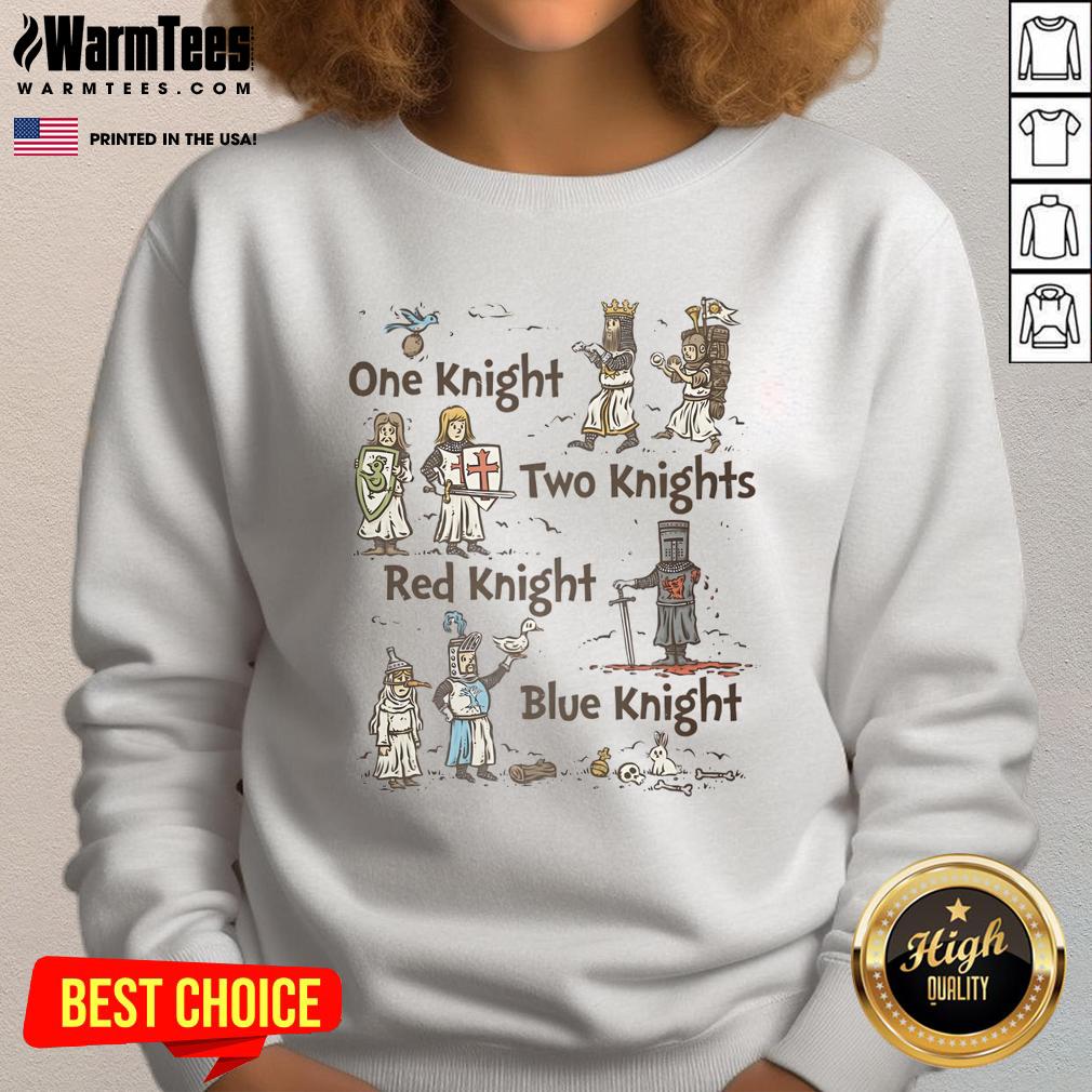 Nice One Knight Two Knights sweatshirt featuring a red knight and blue knight design, perfect for casual wear.