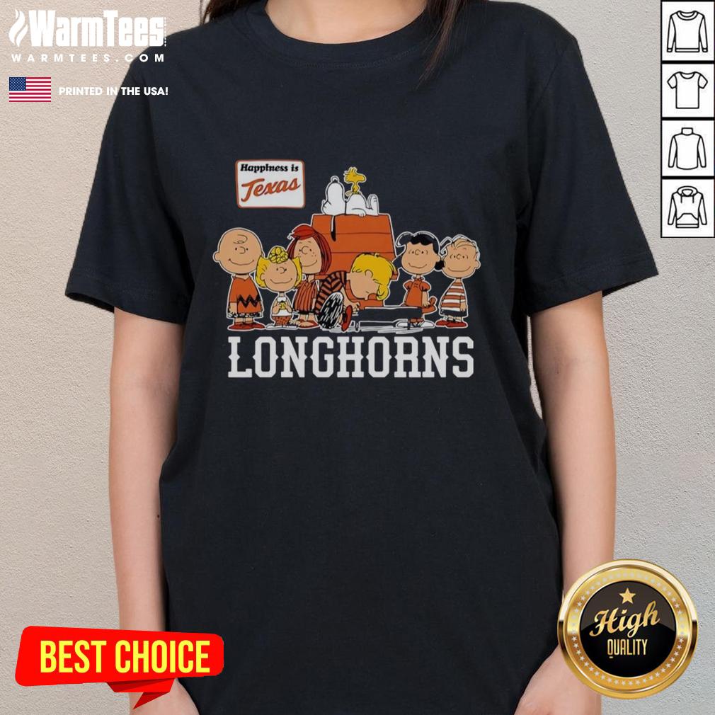 Alt Text: Nice Peanuts The Gang Happiness Is Texas Longhorns Ladies Tee featuring a vibrant design for fans and women.