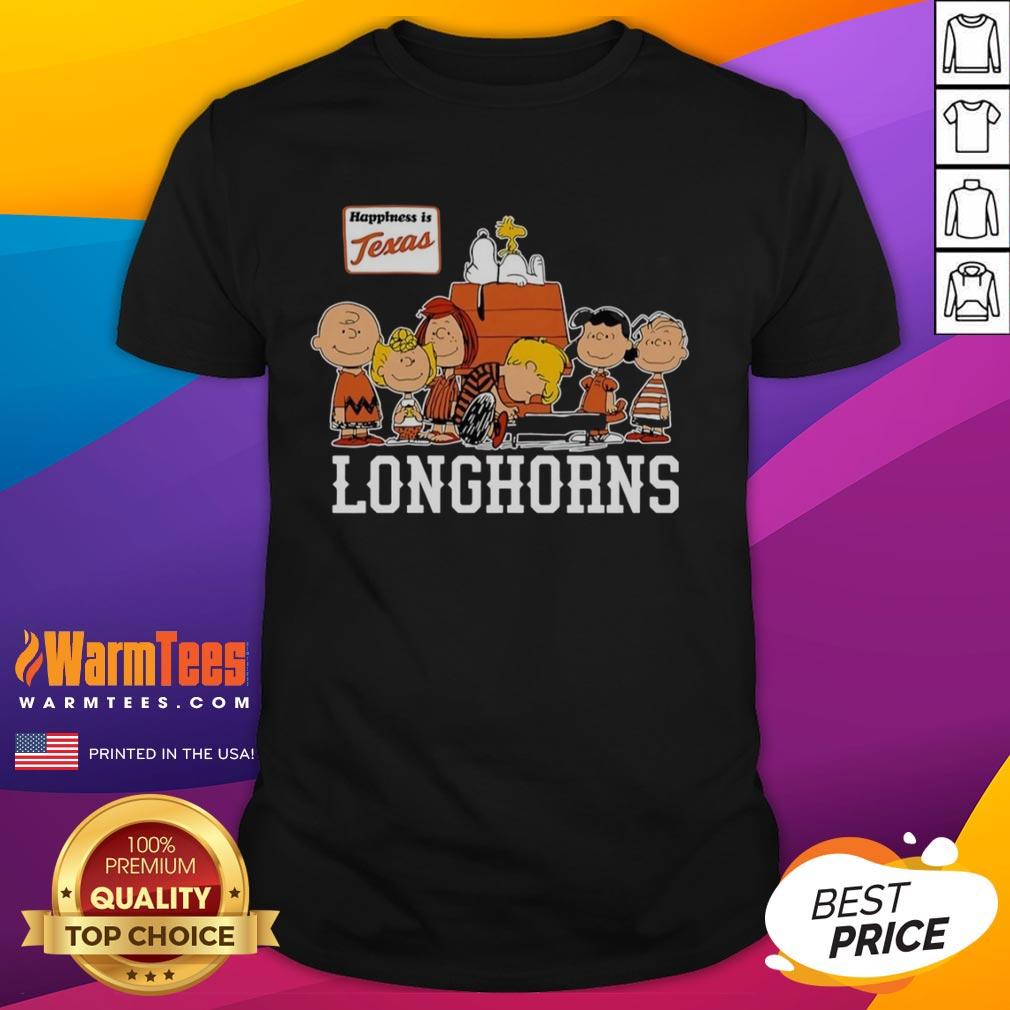 Nice Peanuts The Gang Happiness Is Texas Longhorns T-Shirt featuring Charlie Brown and friends in vibrant colors.