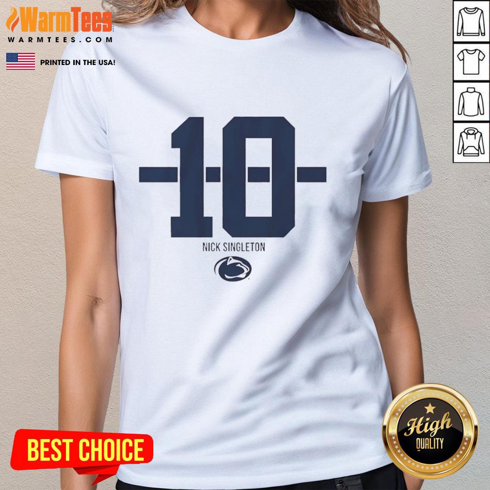 Alt Text: Women's Penn State Nittany Lions football tee featuring Nicholas Singleton and stylish stripe design.