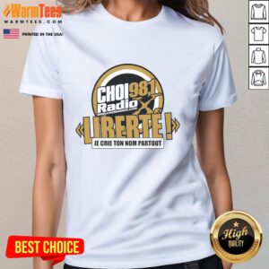 Alt Text: Official CHOI RadioX 98.1 Liberte logo on a stylish ladies tee, perfect for fans of the station.