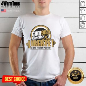 Official Choi Radiox 98.1 Liberte Logo T-Shirt featuring vibrant logo design on a stylish tee for fans and supporters.