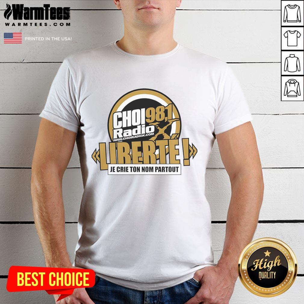 Official Choi Radiox 98.1 Liberte Logo T-Shirt featuring vibrant logo design on a stylish tee for fans and supporters.