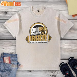 Official CHOI RadioX 98.1 Libert logo on a washed t-shirt, showcasing a stylish and trendy radio apparel design.