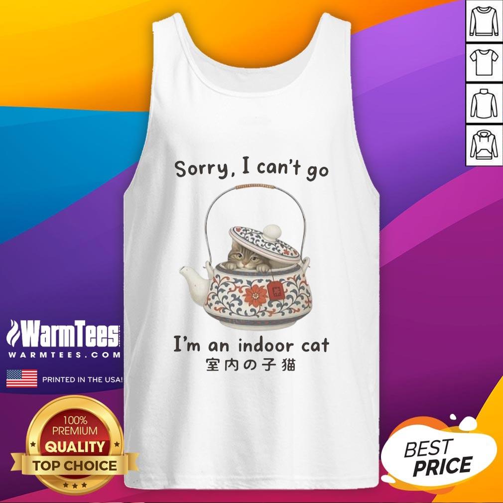 Indoor cat hiding in a tea set, wearing a tank top that says 'Sorry, I can't go, I'm an indoor cat.'