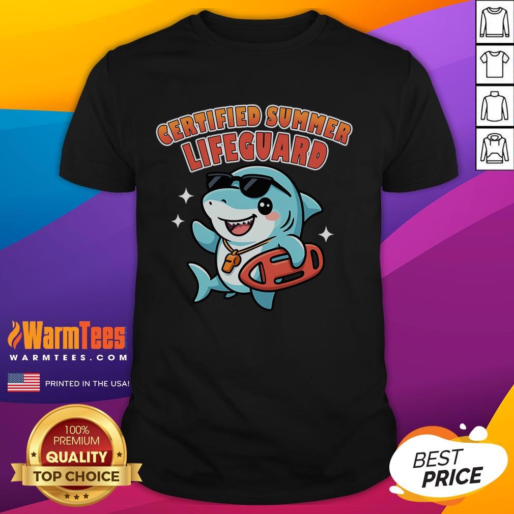 Official Certified Summer Lifeguard T-Shirt featuring vibrant colors and a bold lifeguard emblem for beach safety.