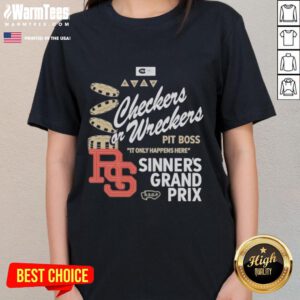 Distressed ladies tee featuring 'Checkers or Wreckers' design, perfect for stylish casual wear and racing enthusiasts.
