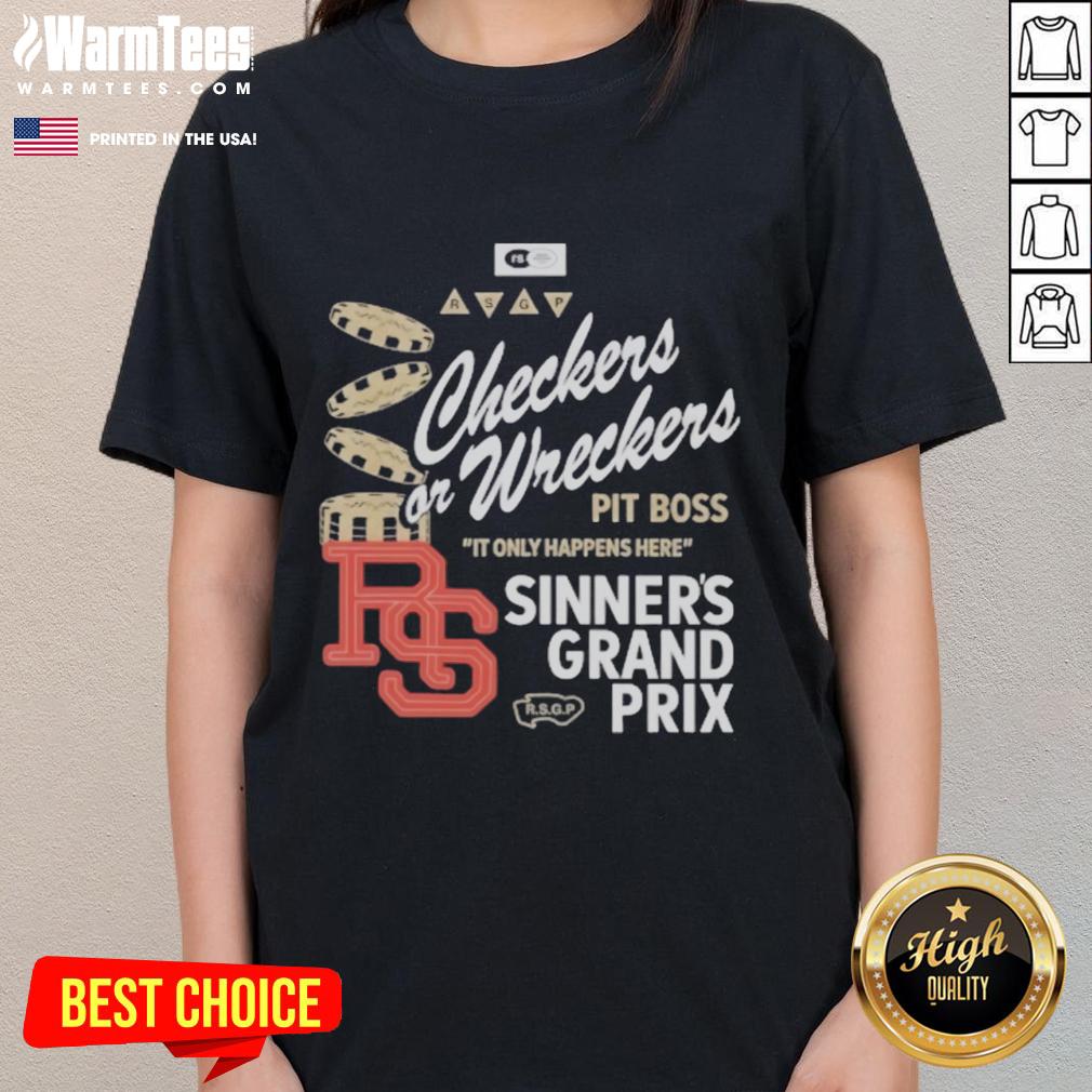 Distressed ladies tee featuring 'Checkers or Wreckers' design, perfect for stylish casual wear and racing enthusiasts.
