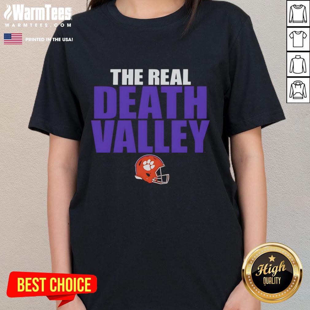 Alt Text: Official Clemson Tigers The Real Death Valley helmet design on a stylish ladies tee, perfect for fans.