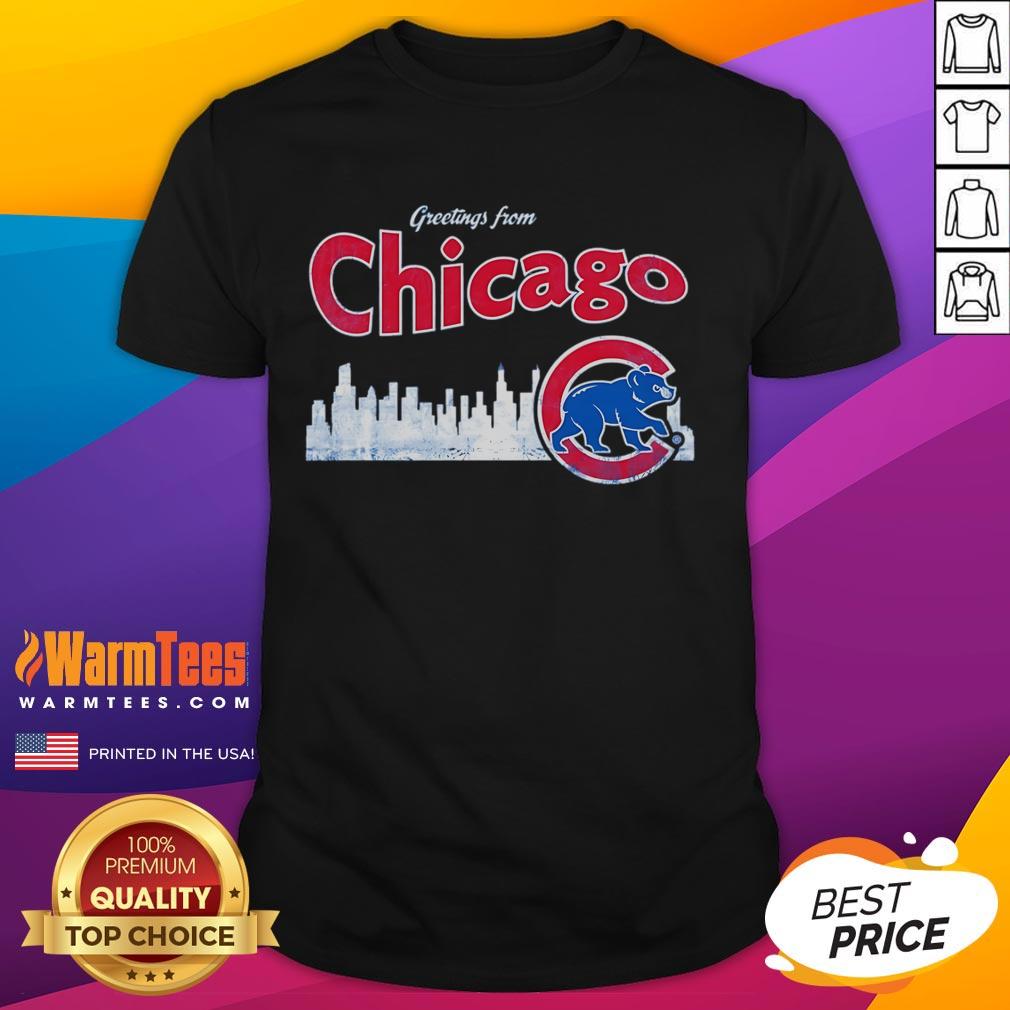 Official Greetings From Chicago Cubs Skyline T-Shirt featuring iconic Chicago skyline and Cubs logo, perfect for fans.