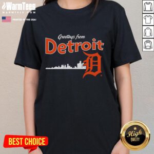 Detroit Tigers skyline ladies tee featuring vibrant cityscape and team logo, perfect for fans and casual wear.