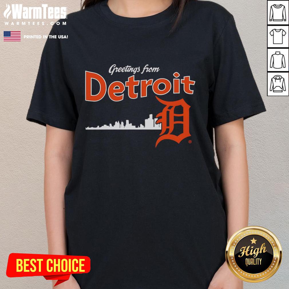 Detroit Tigers skyline ladies tee featuring vibrant cityscape and team logo, perfect for fans and casual wear.