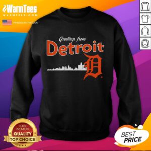 Official Greetings From Detroit Tigers Skyline Sweatshirt featuring iconic Detroit skyline and team logo design.