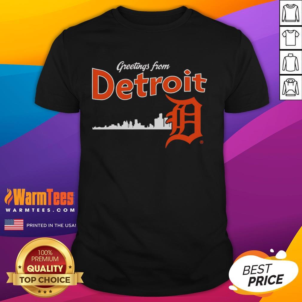 Alt Text: Official Greetings from Detroit Tigers Skyline T-Shirt featuring a vibrant skyline design and the Tigers logo.
