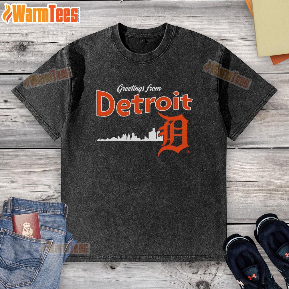 Official Greetings From Detroit Tigers Skyline Washed T-Shirt featuring a vintage skyline design and team logo.
