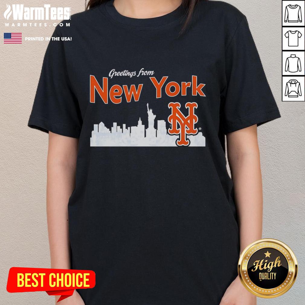 Official Greetings From New York Mets Skyline Ladies Tee featuring the iconic NYC skyline and Mets logo.