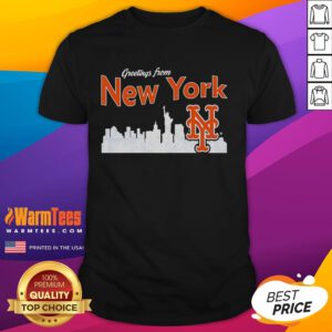 Official Greetings From New York Mets Skyline T-Shirt featuring vibrant city skyline and team logo design.