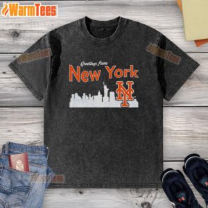 Alt Text: Official New York Mets skyline washed t-shirt featuring a vibrant cityscape design for fans and collectors.