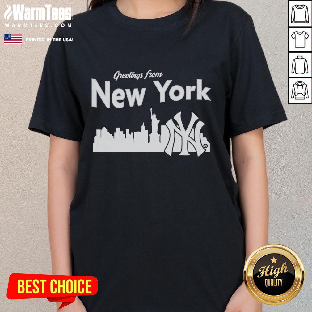 Official Greetings from New York Yankees Skyline Ladies Tee featuring iconic NYC skyline and Yankees logo design.