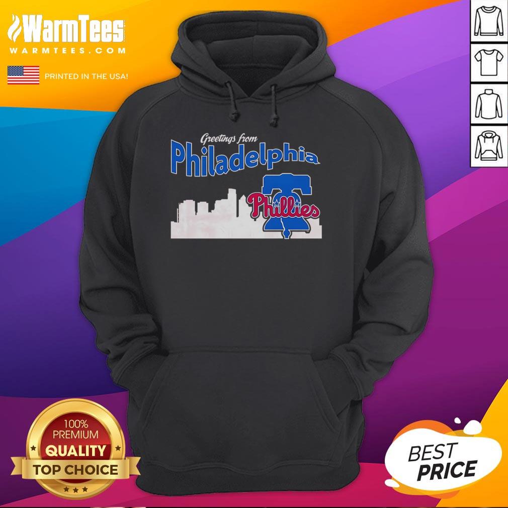 Official Greetings From Philadelphia Phillies Skyline Hoodie showcasing iconic Philly skyline and team logo design.