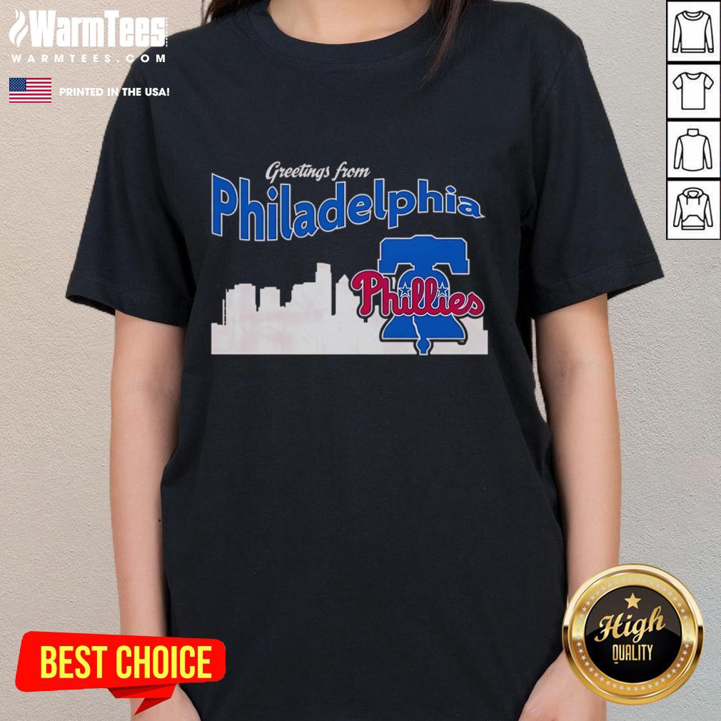Official Greetings From Philadelphia Phillies Skyline Ladies Tee featuring a stylish skyline design for fans.