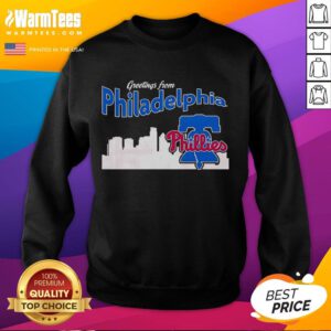 Official Greetings From Philadelphia Phillies Skyline Sweatshirt featuring iconic city skyline and team logo.