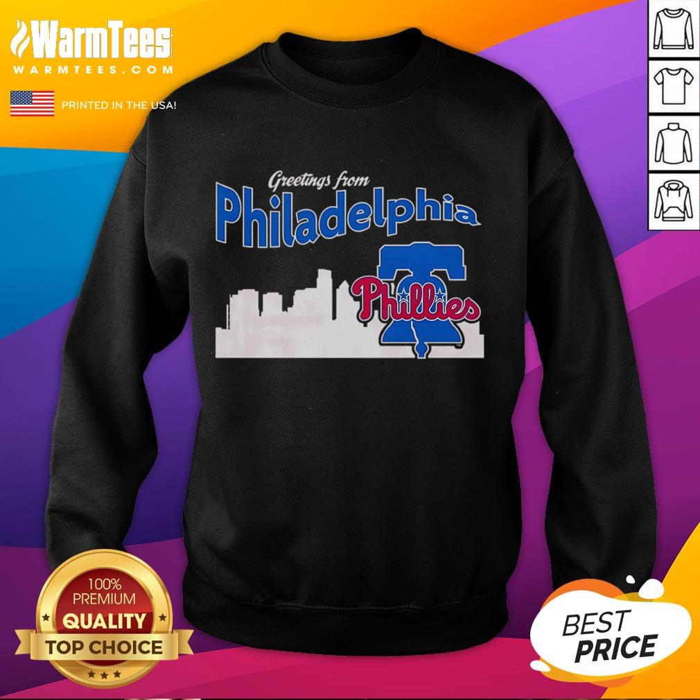 Official Greetings From Philadelphia Phillies Skyline Sweatshirt featuring iconic city skyline and team logo.