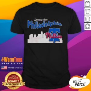 Official Greetings From Philadelphia Phillies Skyline T-Shirt featuring iconic city skyline and team logo design.