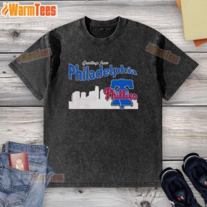 Official Greetings From Philadelphia Phillies Skyline Washed T-Shirt featuring a stylish skyline design and team logo.