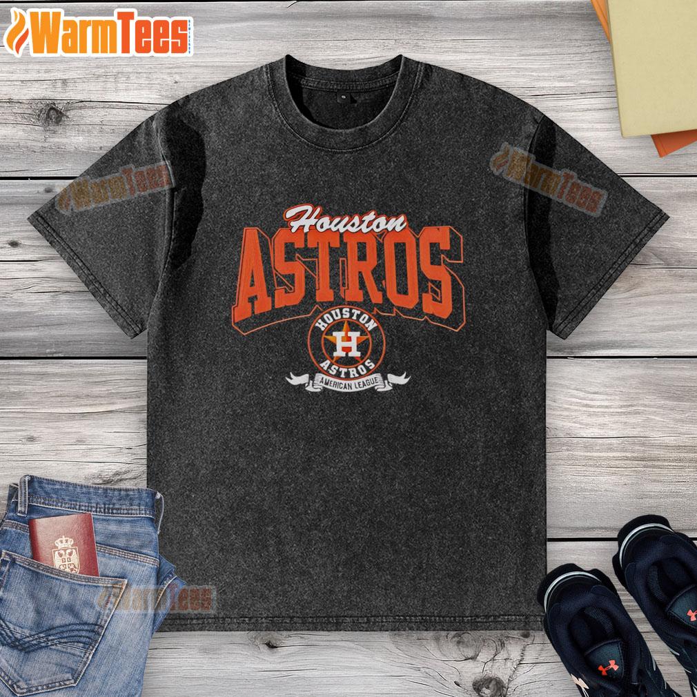 Alt Text: Official Houston Astros team badge on a washed t-shirt for American League fans, showcasing team spirit and style.