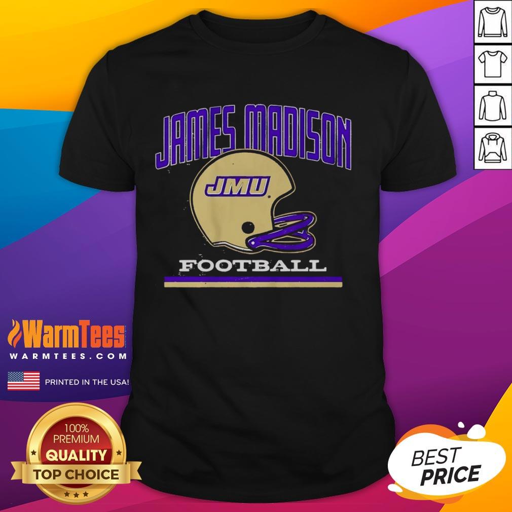 Vintage JMU James Madison Dukes Football helmet t-shirt design showcasing school pride and sports heritage.