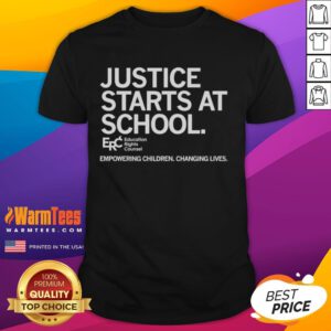 Alt Text: Official Justice Starts At School T-Shirt empowering children and changing lives with vibrant design and inspiring message.