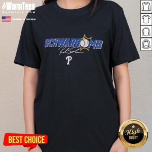 Official Kyle Schwarber Philadelphia Phillies Schwarbomb Signature Ladies Tee showcasing team pride and style.
