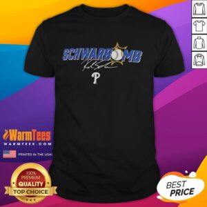 Official Kyle Schwarber Philadelphia Phillies Schwarbomb Signature T-Shirt featuring player autograph and team colors.