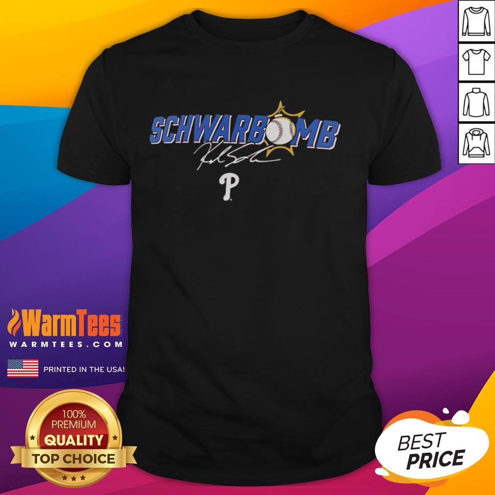 Official Kyle Schwarber Philadelphia Phillies Schwarbomb Signature T-Shirt featuring player autograph and team colors.