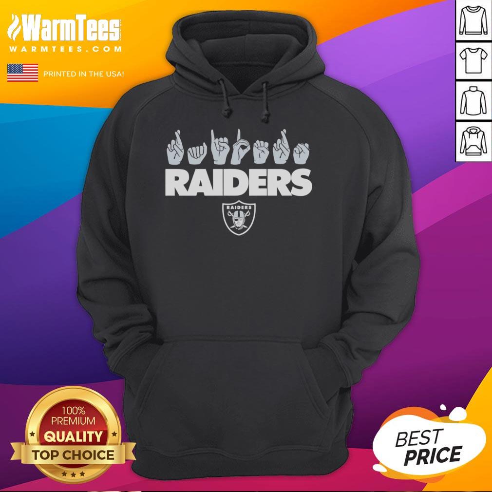 Official Las Vegas Raiders Football hoodie featuring youth love sign hand signals for passionate fans.