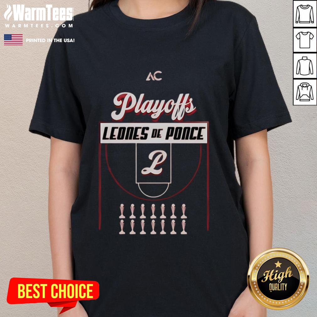 Official Leones de Ponce Basketball Playoffs 2025 ladies tee showcasing team colors and logo for fans.