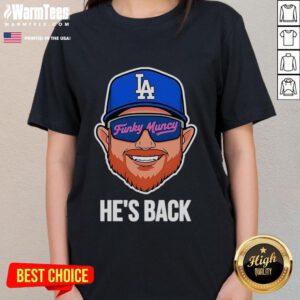 Official Max Muncy Los Angeles Dodgers Funky Muncy He's Back 2025 Ladies Tee featuring vibrant design and team colors.