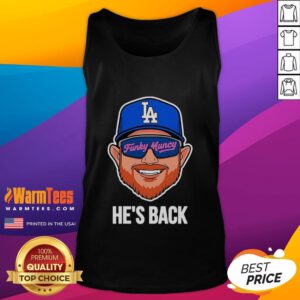 Max Muncy wearing a vibrant tank top featuring 'Funky Muncy, He's Back 2025' design for Los Angeles Dodgers fans.