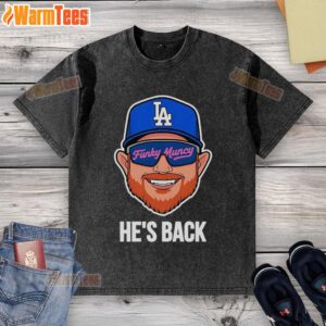 Max Muncy Los Angeles Dodgers Funky Muncy He's Back 2025 washed t-shirt displayed on a hanger, showcasing team pride.